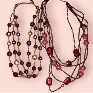 Two beaded multistrand beaded necklaces wooden acrylic goldtone accent
